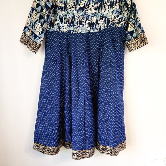 BIBA Kurta Tunic Maxi Dress Women Sz 38 Blue Gold Floral Print V Neck Lined - Picture 13 of 13